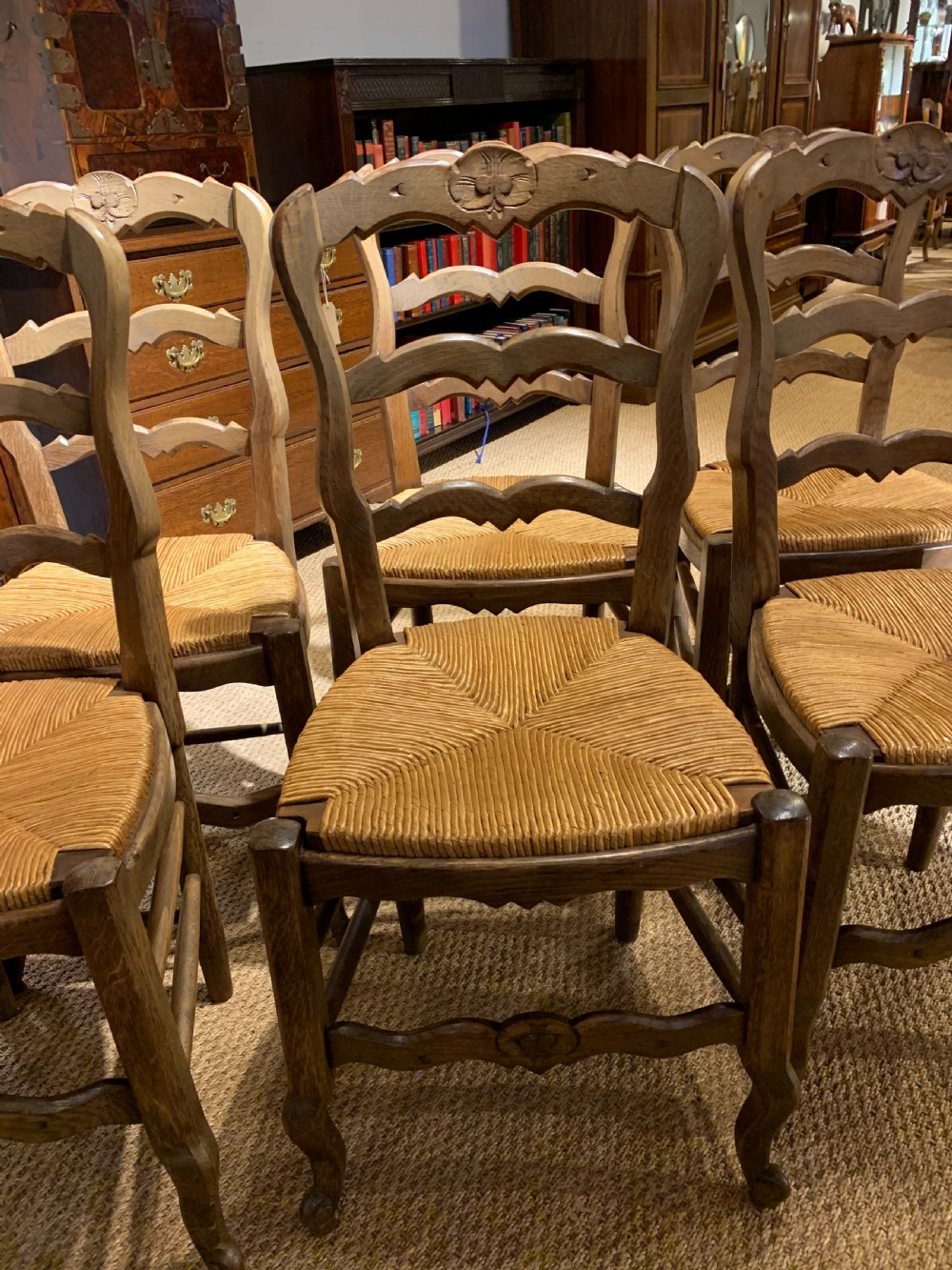 Set of 6 oak chairs with rush seats    View II