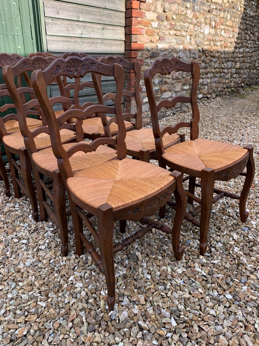 Set of 8 oak and rush seated chairs  View II