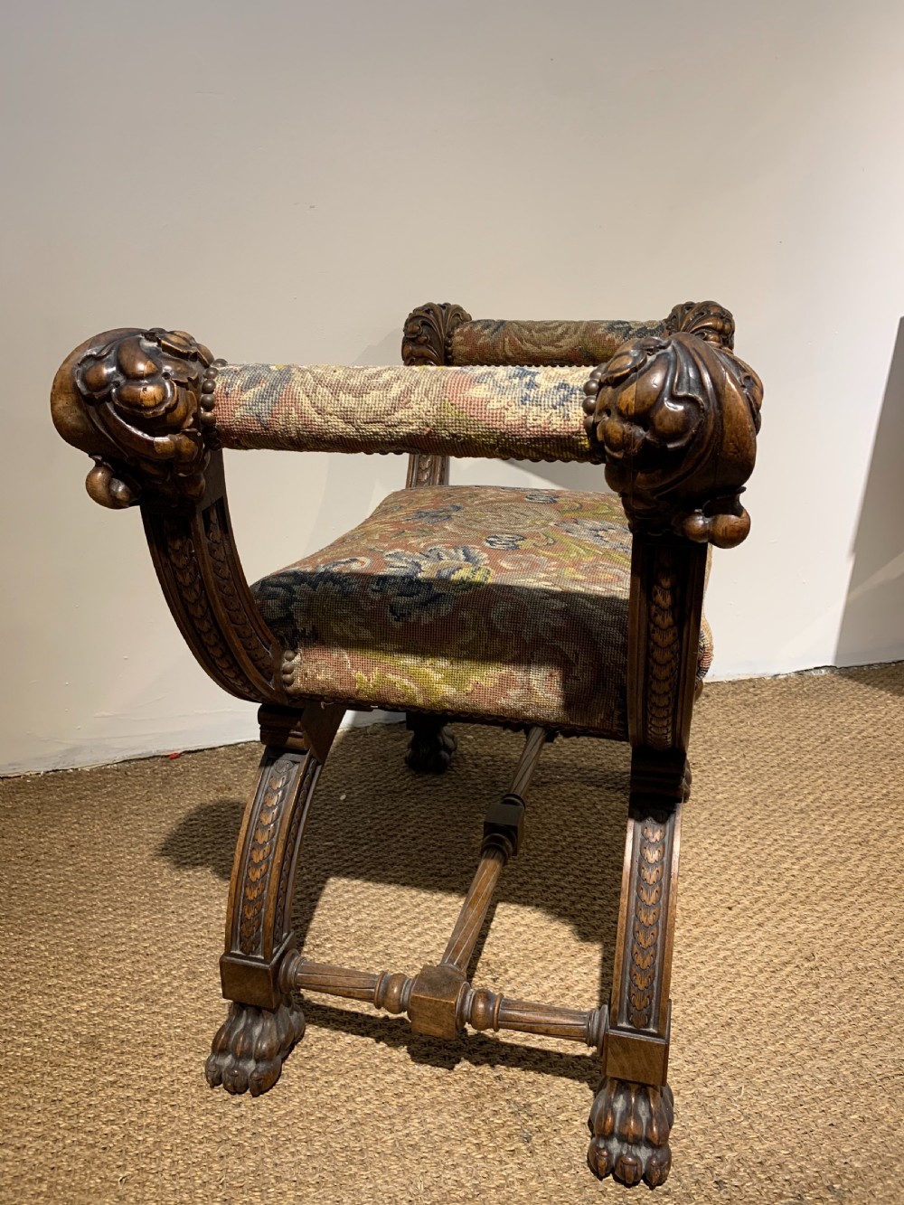 Baronial X framed walnut stool View II