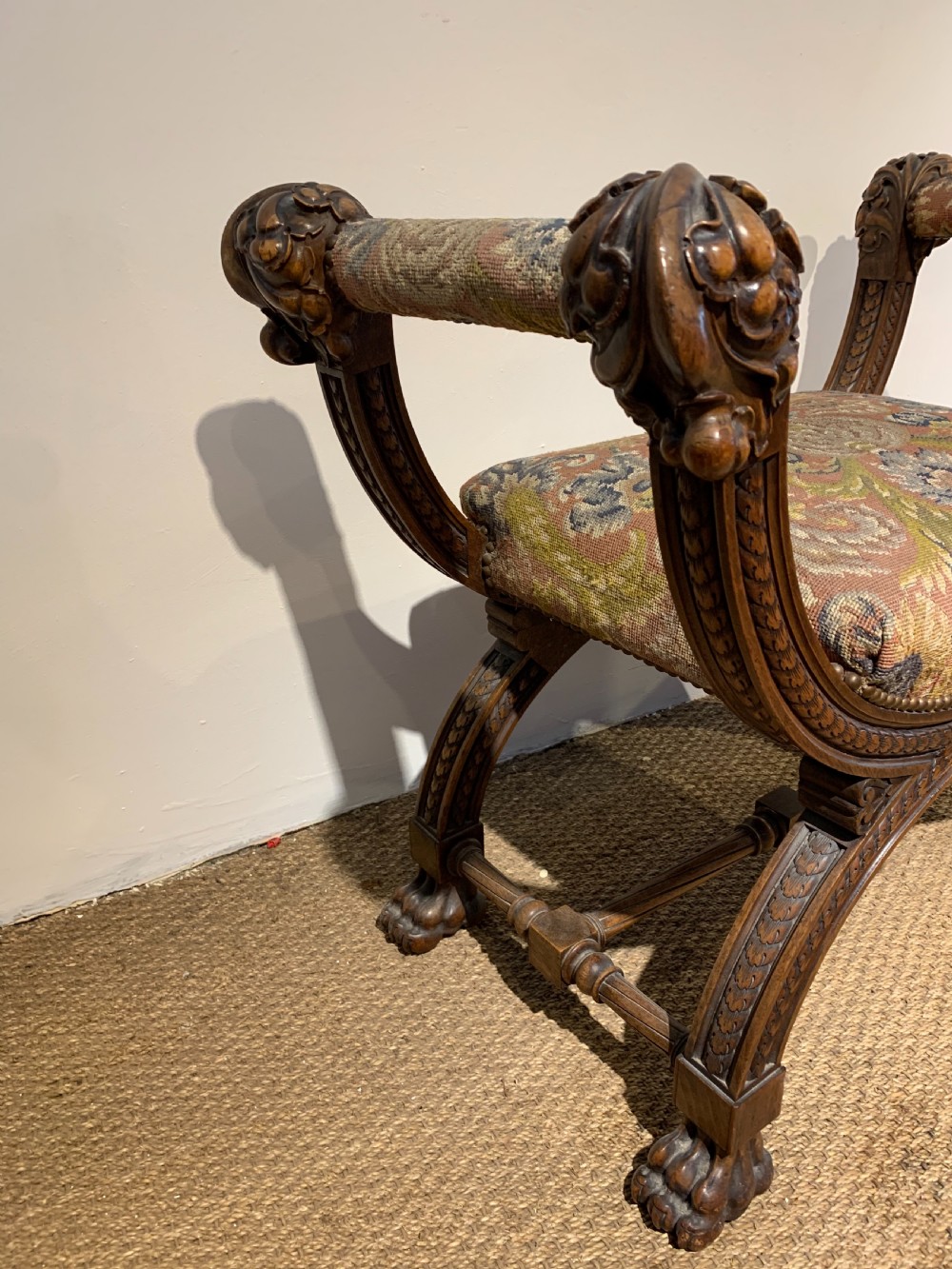 Baronial X framed walnut stool View III