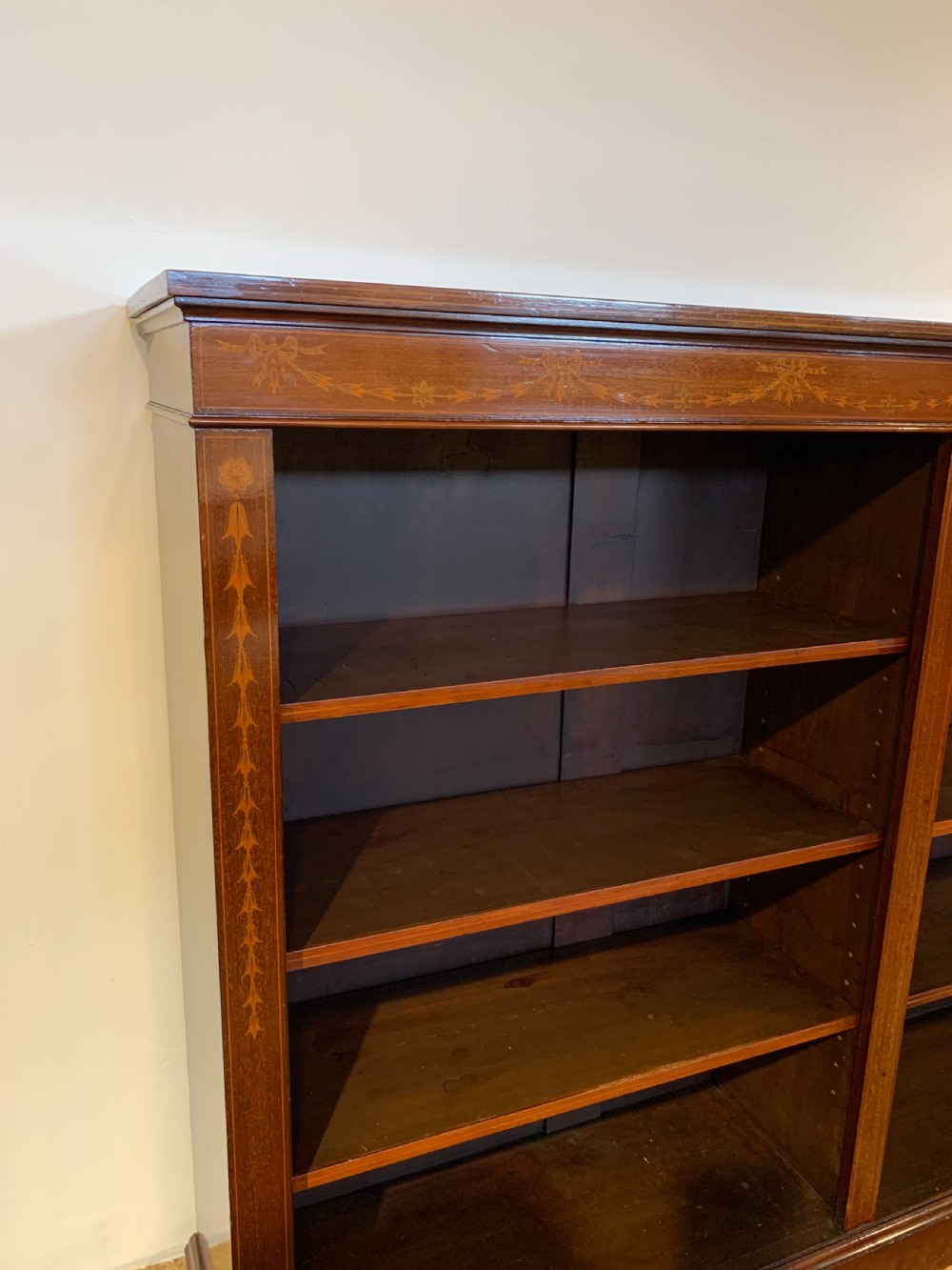 Edwardian inlaid open bookcase  View II