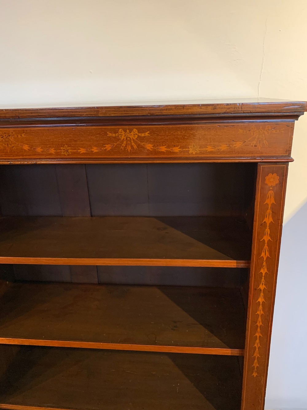 Edwardian inlaid open bookcase  View III