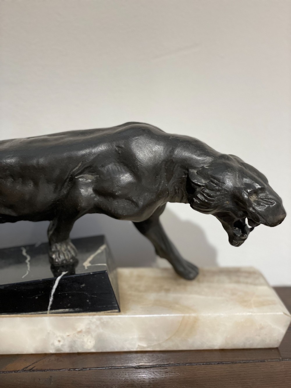 Art Deco spelter lion on marble base  View II