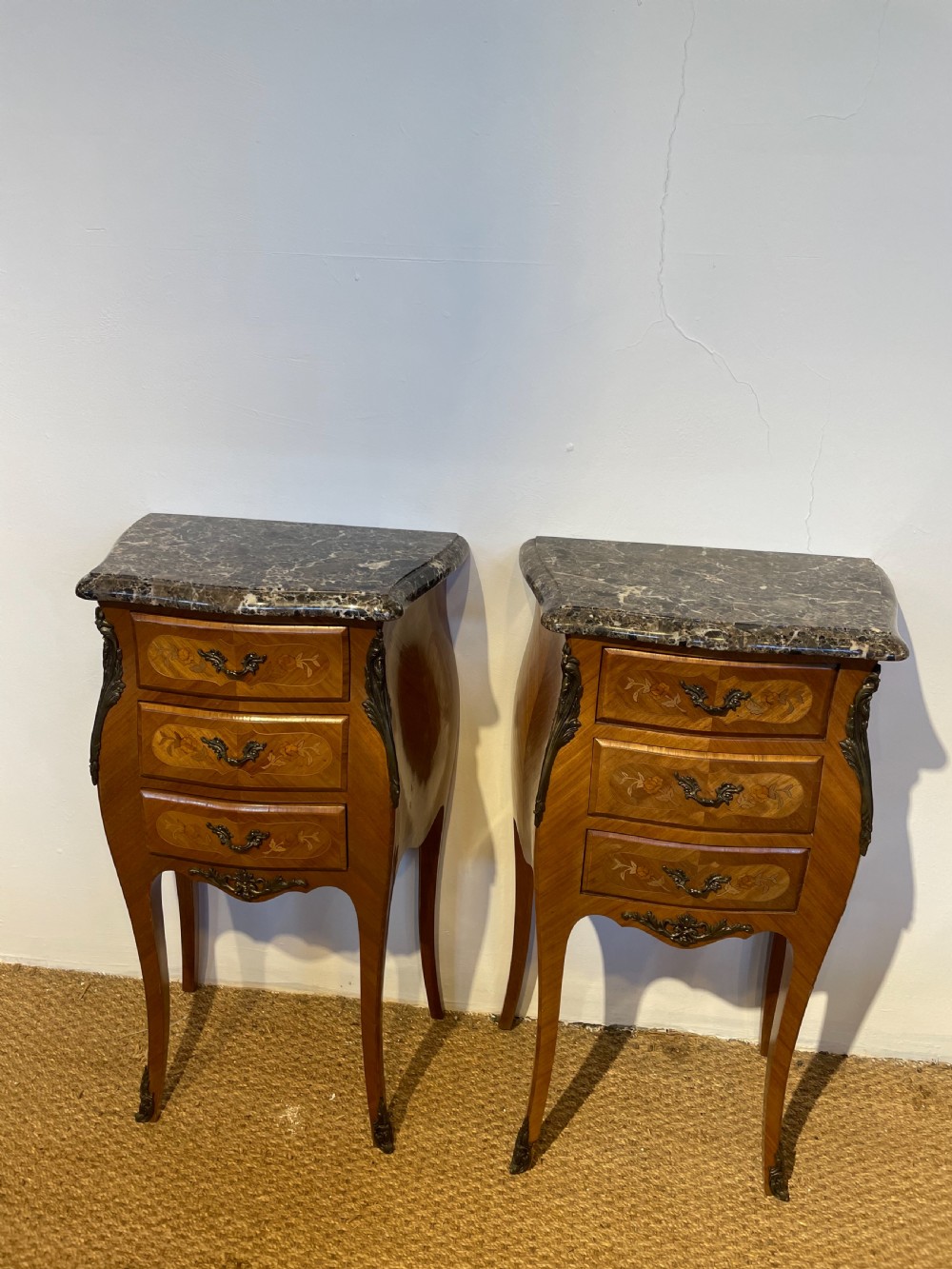 Pair of king wood inlaid bedside cabinets  View II