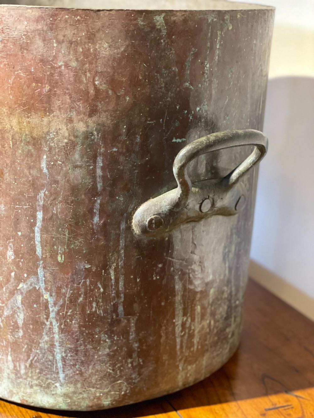 Large antique copper pot , log bin  View III