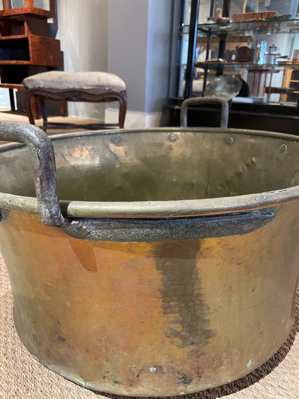 Large antique brass pot / log bin  View V