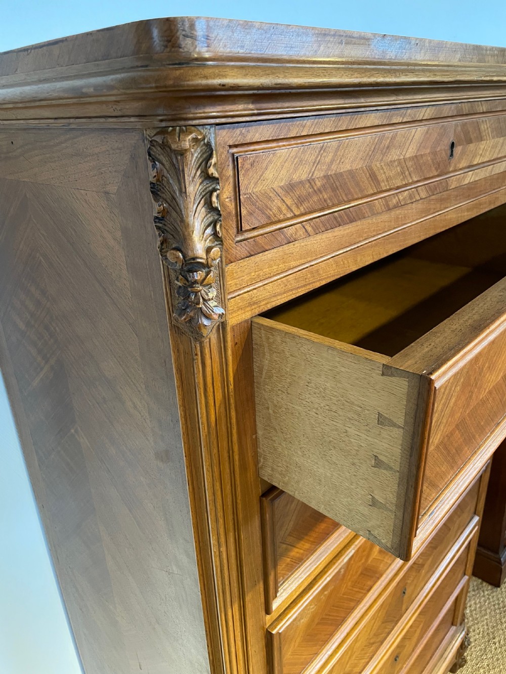Tall narrow walnut chest of drawers  View II