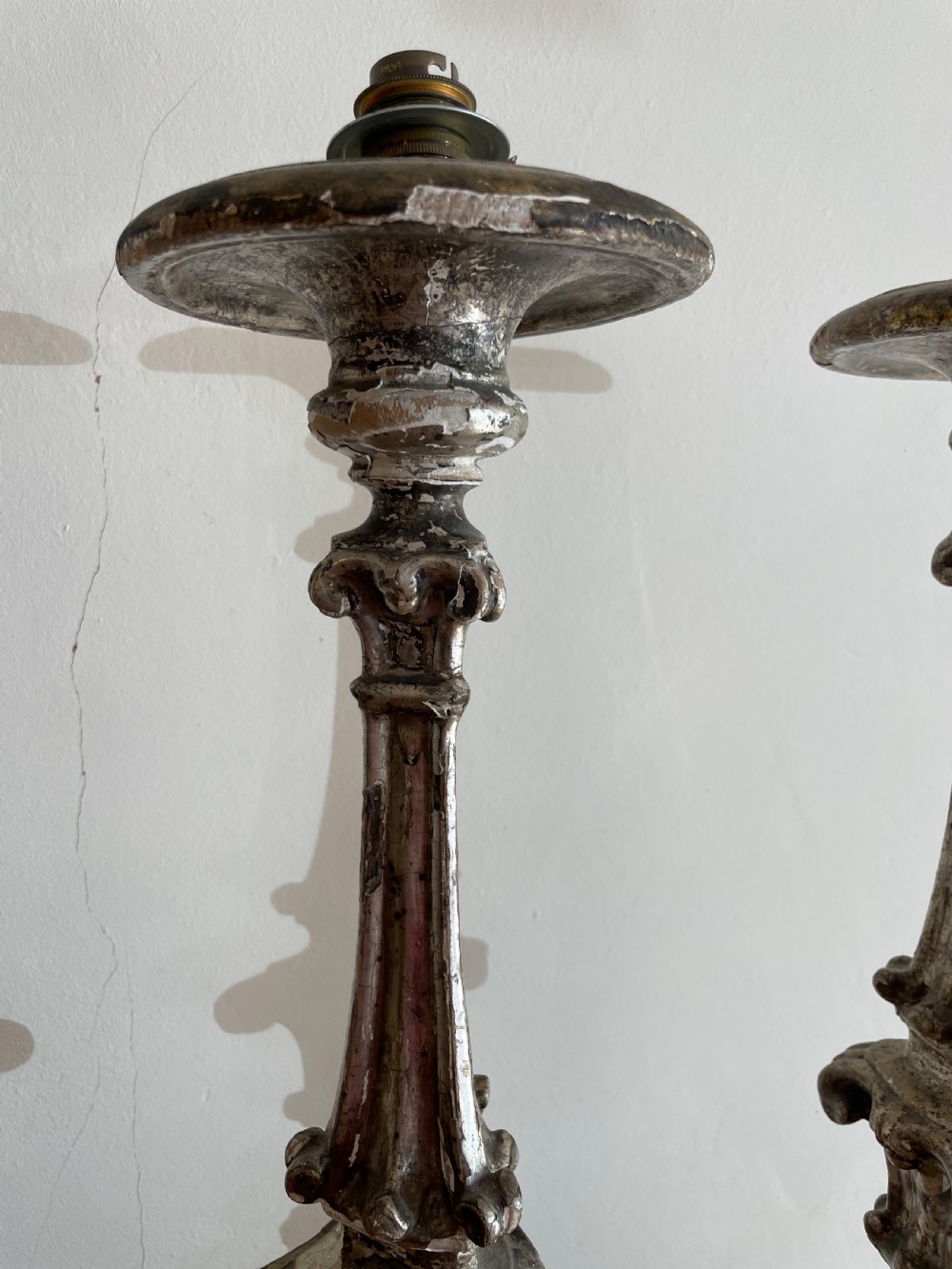 Pair of 19th century silvered altar sticks  View V