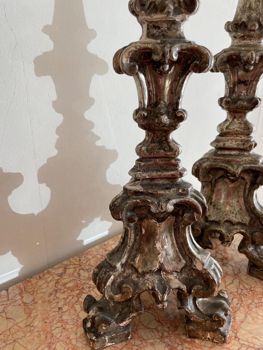 Pair of 19th century silvered altar sticks  View X