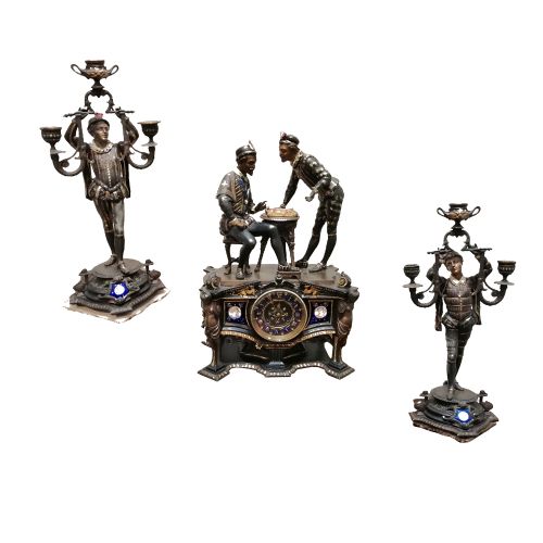 AN OUTSTANDING QUALITY AND UNUSUAL FRENCH CLOCK GARNITURE