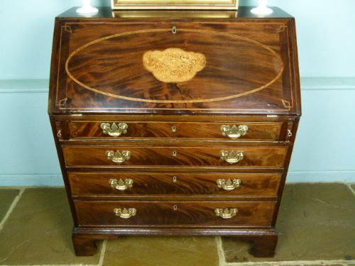 fig 3. Superb Georgian Flame Mahogany Inlaid Bureau 
 