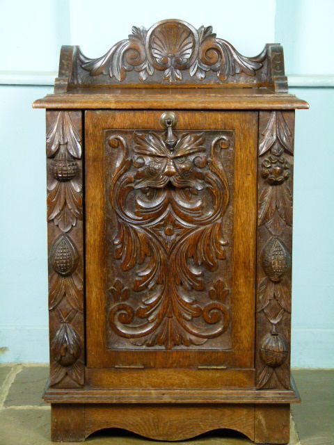Charming Victorian Elaborately Carved Oak Perdonium Cabinet or Side Table
