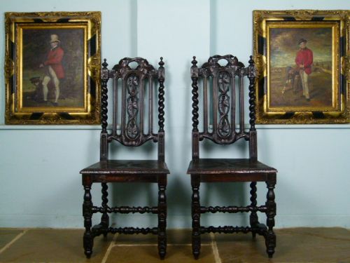 Charming Victorian Pair of Carved Oak Hall Chairs
