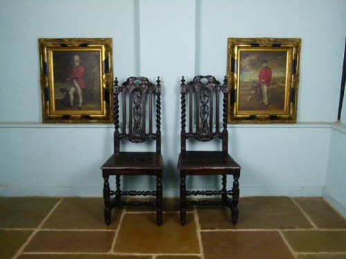fig 1. Charming Victorian Pair Of Carved Oak Hall Chairs
 