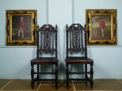 fig 2. Charming Victorian Pair Of Carved Oak Hall Chairs
 