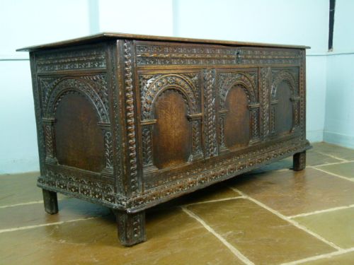 Charming 17thc Carved Oak Coffer