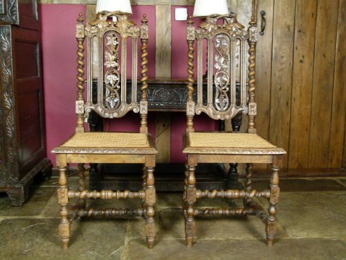Charming Pair of Victorian Carved Oak Hall/dining Chairs
