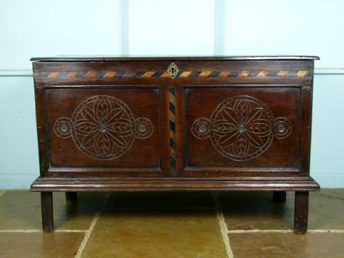 fig 1. 17th Century Oak and Marquetry Inlaid Coffer
 