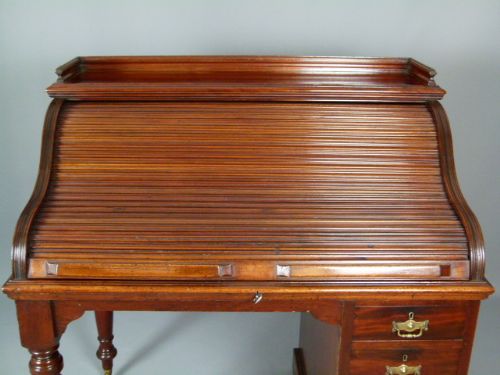 fig 3. Victorian Mahogany Tambour Fronted Roll Top Pedestal Desk
 