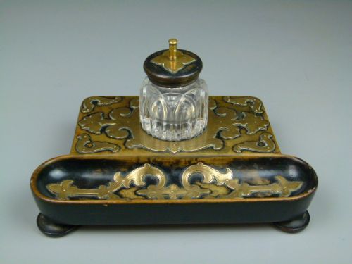 Victorian Ebonised & Brass Strapwork Desk Inkstand Inkwell Standish