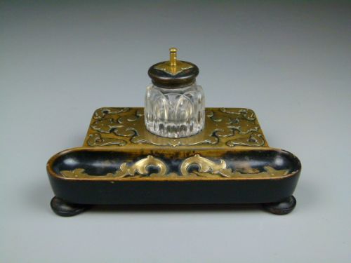 fig 1. Victorian Ebonised & Brass Strapwork Desk Inkstand Inkwell Standish