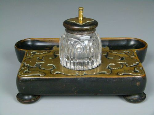 fig 2. Victorian Ebonised & Brass Strapwork Desk Inkstand Inkwell Standish