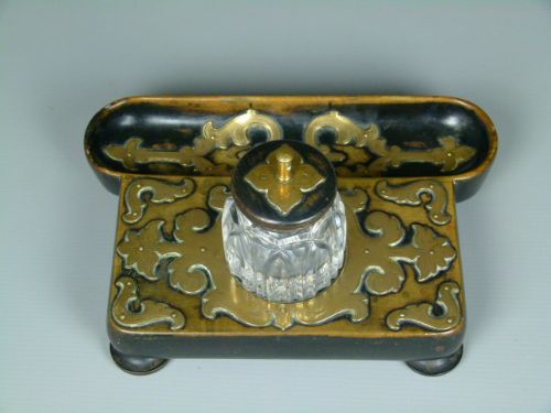 fig 3. Victorian Ebonised & Brass Strapwork Desk Inkstand Inkwell Standish