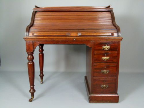 fig 1. Victorian Mahogany Tambour Fronted Roll Top Pedestal Desk
 