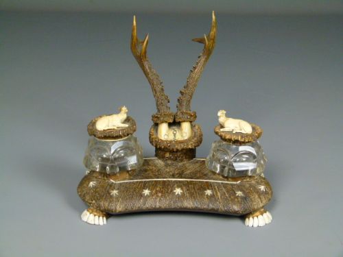 Rare 19thc Roe Deer Horn Desk Inkstand Double Inkwell