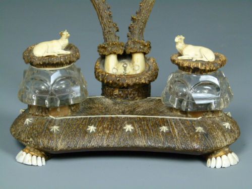 fig 1. Rare 19thc Roe Deer Horn Desk Inkstand Double Inkwell