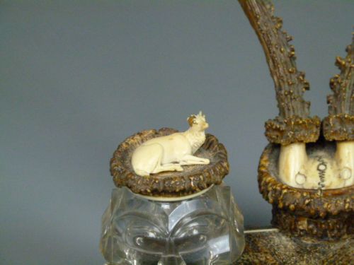 fig 2. Rare 19thc Roe Deer Horn Desk Inkstand Double Inkwell