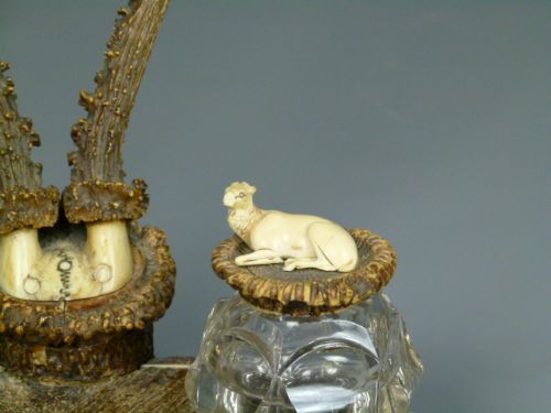 fig 3. Rare 19thc Roe Deer Horn Desk Inkstand Double Inkwell
