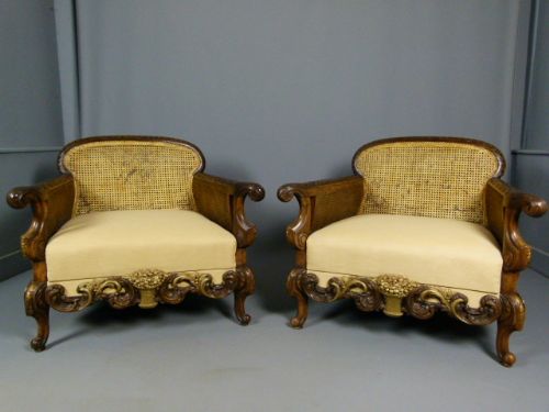 fig 1. Oustanding Quality Walnut & Giltwood Pair Of Bergere Chairs c1900.