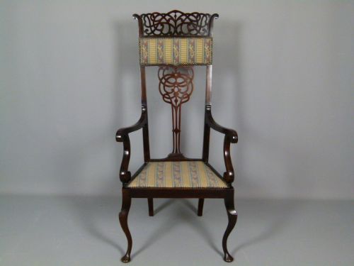 Victorian Art Nouveau Mahogany High Back Arm Chair