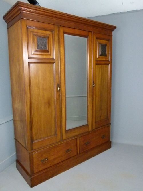 Quality Victorian Carved Walnut Mirrored Wardrobe