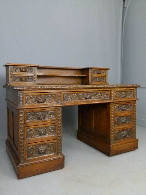 Elaborately Carved Victorian Oak Pedestal Desk