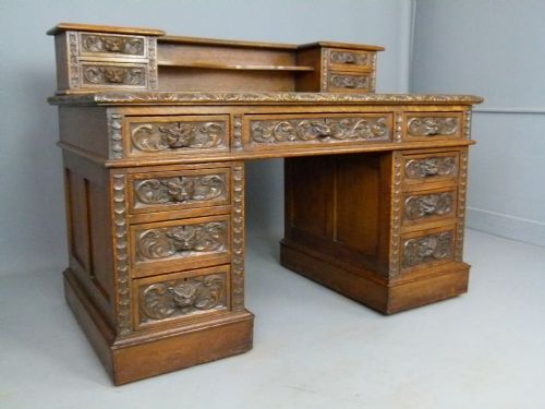fig 1. Elaborately Carved Victorian Oak Pedestal Desk