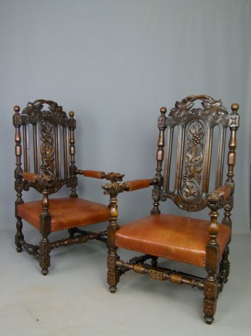 Imposing Pair of Victorian Carved Oak Throne Chairs
