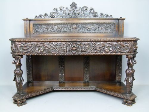 Outstanding Renaissance Revival Victorian Carved Oak Side Table