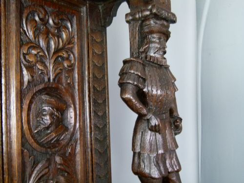 Imposing Victorian Carved Oak Figural Mirror-back Sideboard