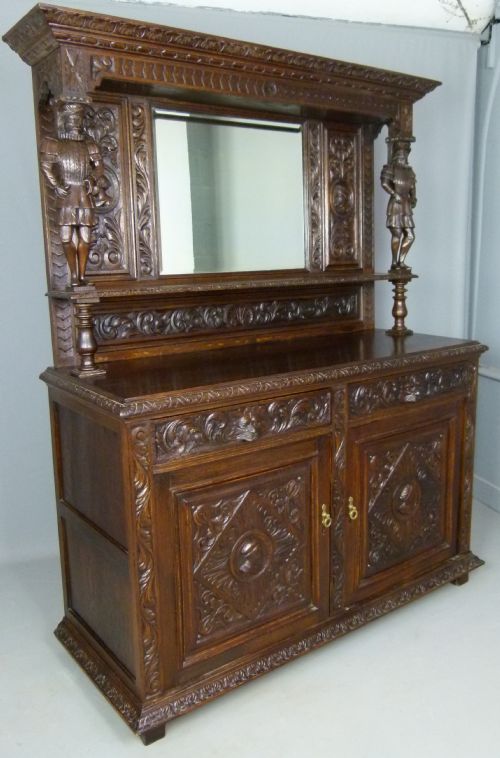 fig 1. Imposing Victorian Carved Oak Figural Mirror-Back Sideboard
