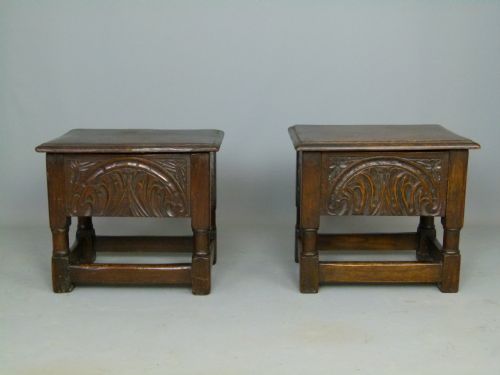 Charming Pair of 19thc Carved Oak Box Stools