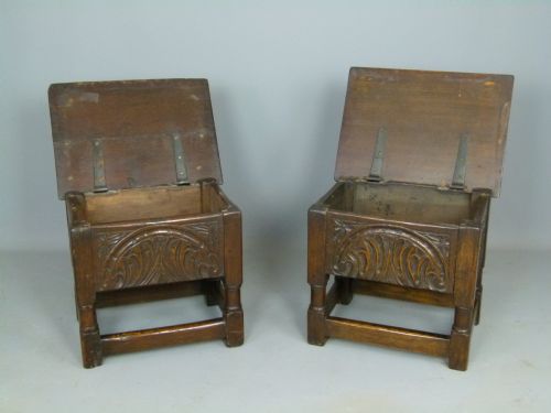 fig 3. Charming Pair Of 19thc Carved Oak Box Stools
