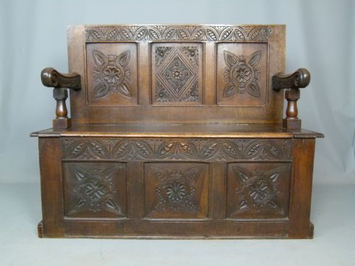Charming Victorian Carved Oak Chest Settle Bench