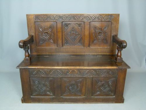 fig 1. Charming Victorian Carved Oak Chest Settle Bench