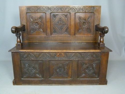 fig 2. Charming Victorian Carved Oak Chest Settle Bench