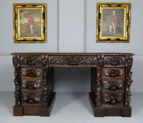 Elaborately Carved Victorian Oak Pedestal Desk