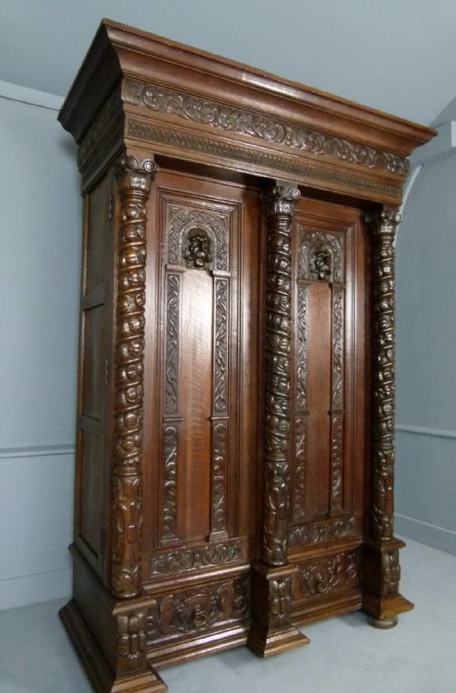 Elaborately Carved Flemish Oak Armoire Cupboard Cabinet