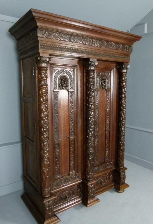 fig 1. Elaborately Carved Flemish Oak Armoire Cupboard Cabinet