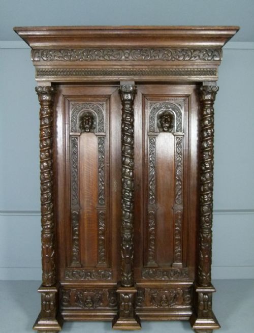 fig 2. Elaborately Carved Flemish Oak Armoire Cupboard Cabinet